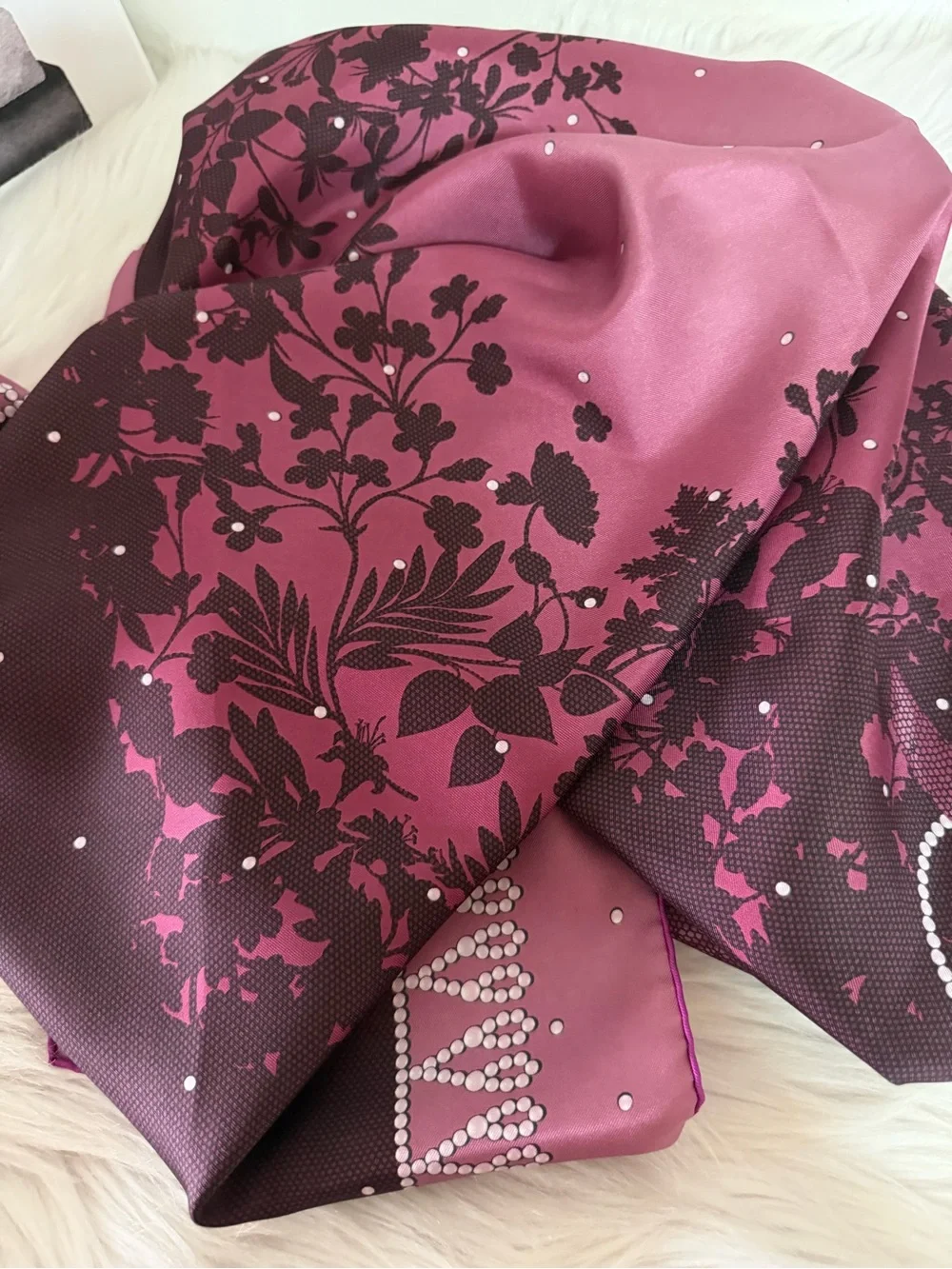 Nina Ricci Pink and Plum Floral Border Silk Square Scarf.